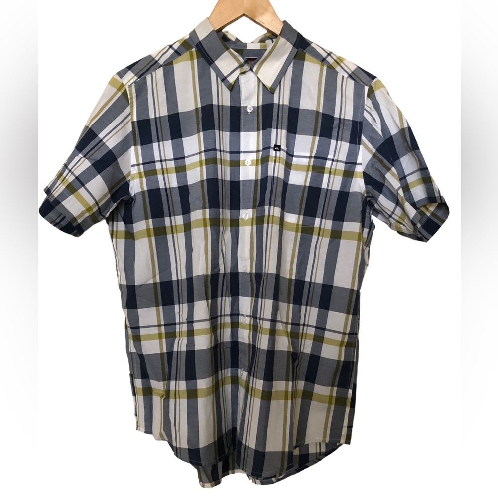 Quiksilver Blue, Green, and White Button Up Shirt Medium
